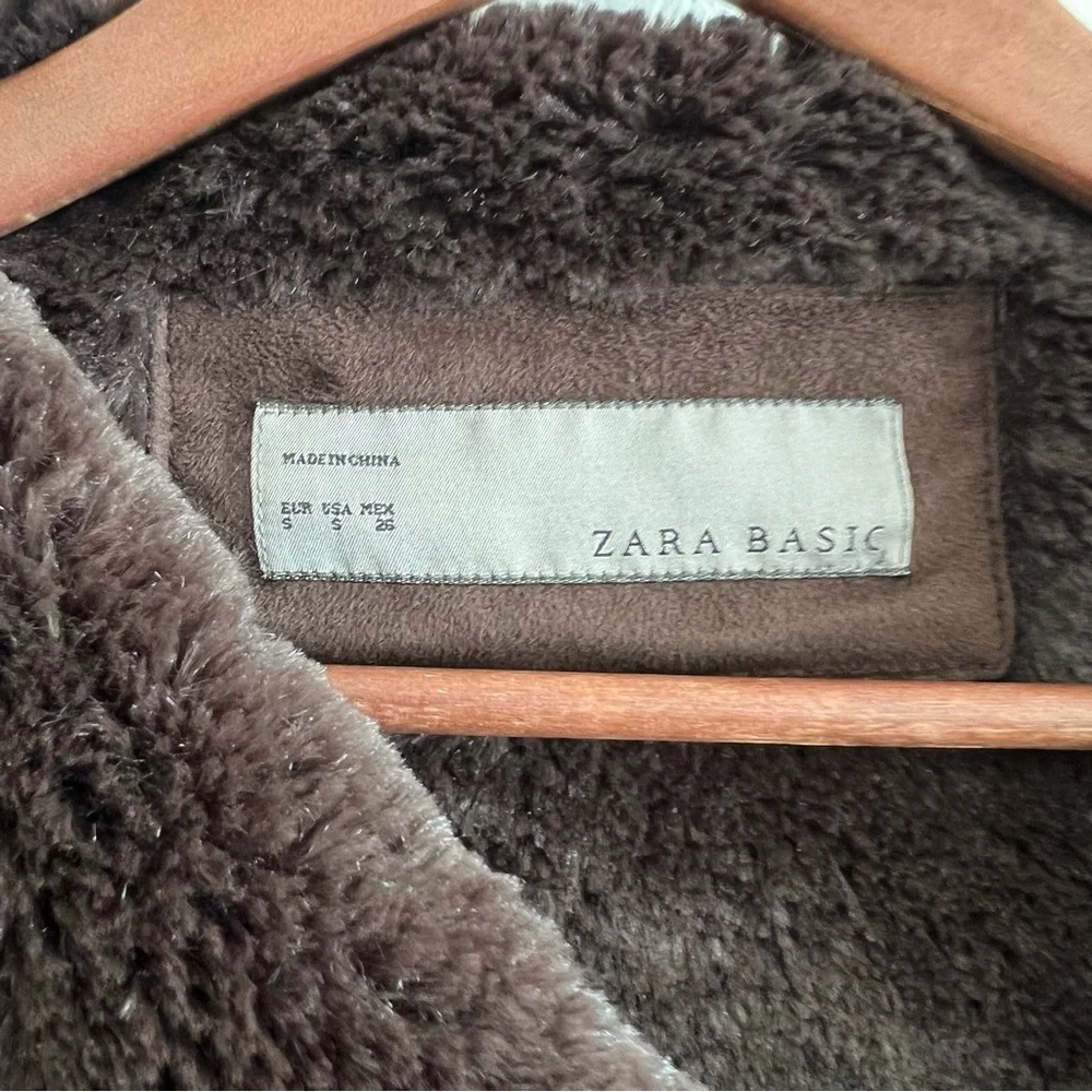 Zara Brown Faux Suede Shearling Coat Size S - Picture 10 of 11